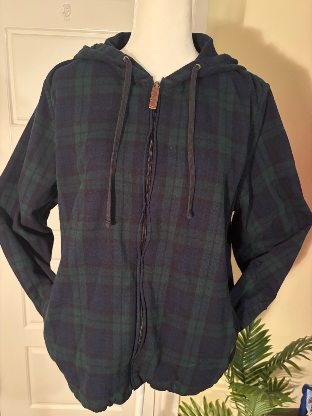 LL Bean Navy and Green Plaid Flannel Relaxed Zip Hoodie